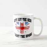 Kate Got The Heir I Want The Spare Coffee Mug<br><div class="desc">Phrase "Kate Got The Heir I Want The Spare" in crisp black modern font with worn heart shaped british flag in between phrases with a simple red heart in the middle of the flag.</div>