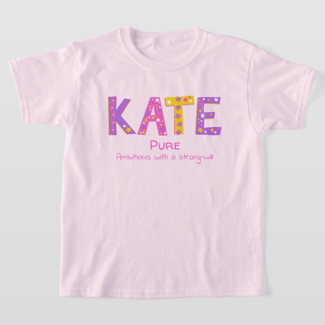 Kate name meaning pink purple yellow flower stars T-Shirt (Laydown)