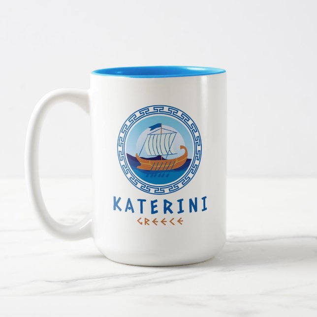 Katerini, Greece Greek Ship Design Two-Tone Coffee Mug (Left)