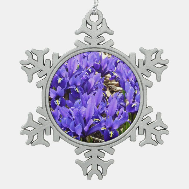 Katherine Hodgkin Irises Purple Spring Floral Snowflake Pewter Christmas Ornament (Front)