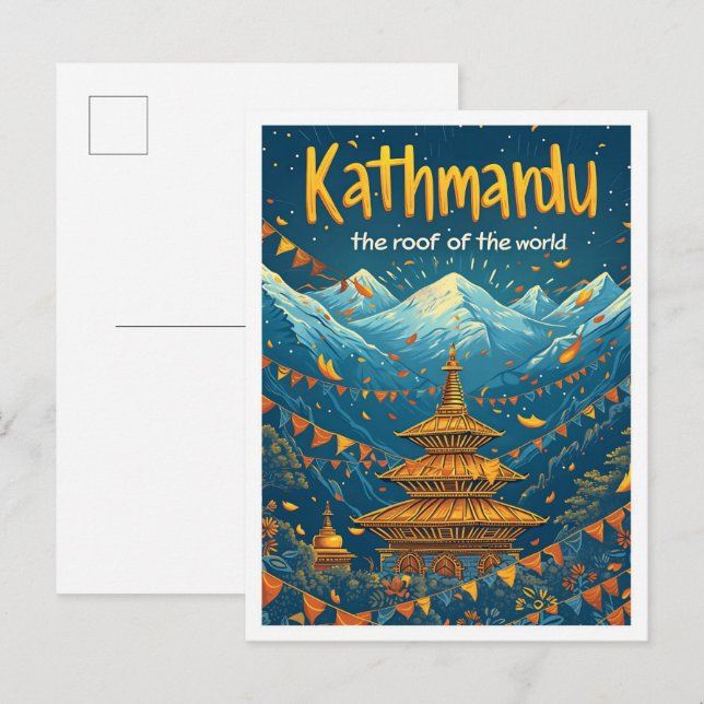 Kathmandu Nepal Vintage Art Travel Illustration Postcard (Front/Back)