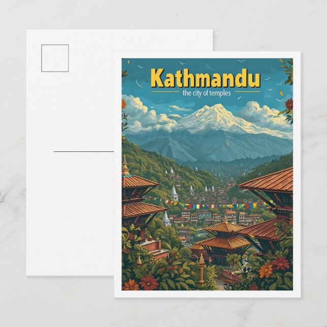 Kathmandu Nepal Vintage Art Travel Illustration Postcard (Front/Back)