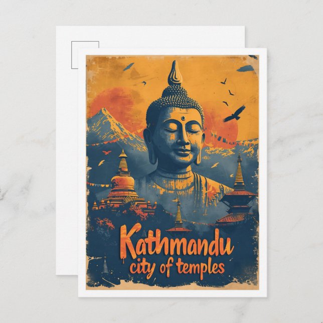 Kathmandu Nepal Vintage Art Travel Illustration Postcard (Front/Back)