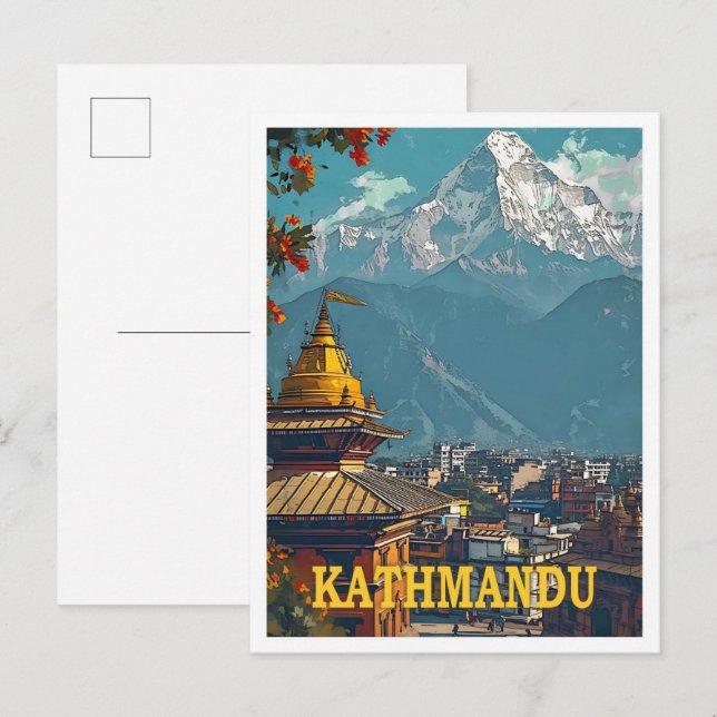 Kathmandu Nepal Vintage Art Travel Illustration Postcard (Front/Back)