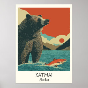 Katmai Alaska Bear Fishing Salmon Poster