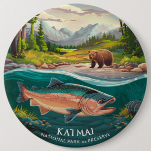 Katmai National Park and Preserve Salmon and Bear 6 Cm Round Badge