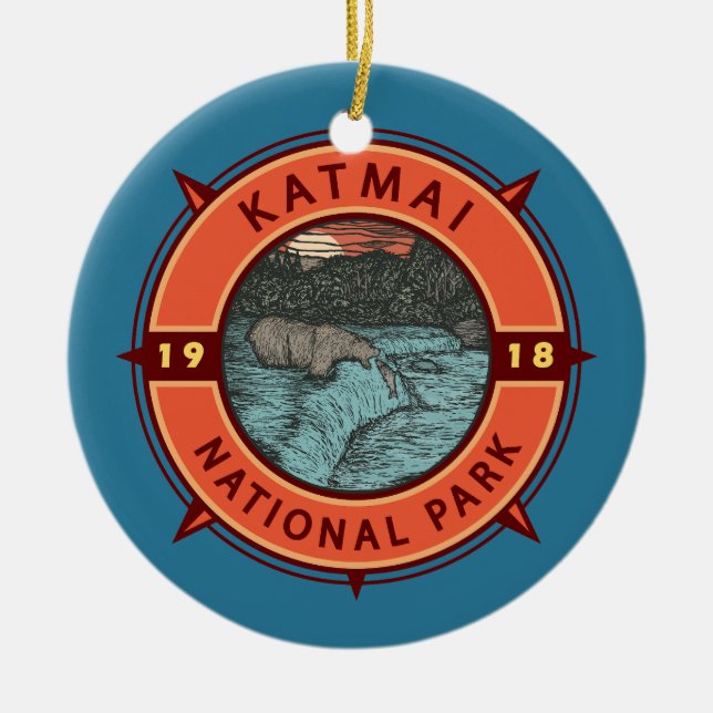 Katmai National Park Grizzly Bear Retro Compass Ceramic Tree Decoration (Front)