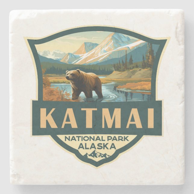 Katmai National Park Illustration Retro Badge Stone Coaster (Front)