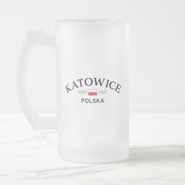 Katowice Polska (Poland) Polish Coordinates Frosted Glass Beer Mug (Left)