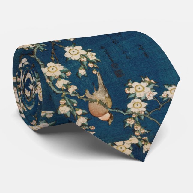 Katsushika Hokusai 葛飾 北斎 Goldfinch and Cherry Tree Tie (Rolled)