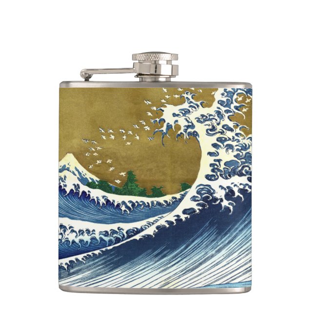 Katsushika Hokusai - Coloured Big Wave Hip Flask (Front)
