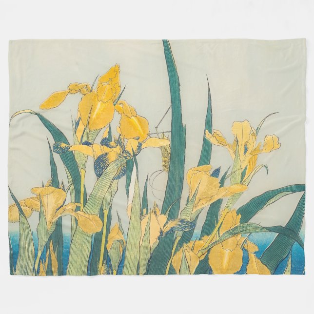 Katsushika Hokusai - Grasshopper and Iris Fleece Blanket (Front (Horizontal))