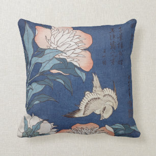 Katsushika Hokusai Peonies and Canary Cushion