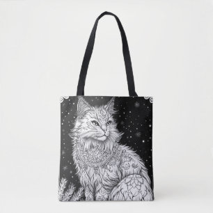 Katze mit Mandala unter magischem Sternenhimmel Tote Bag