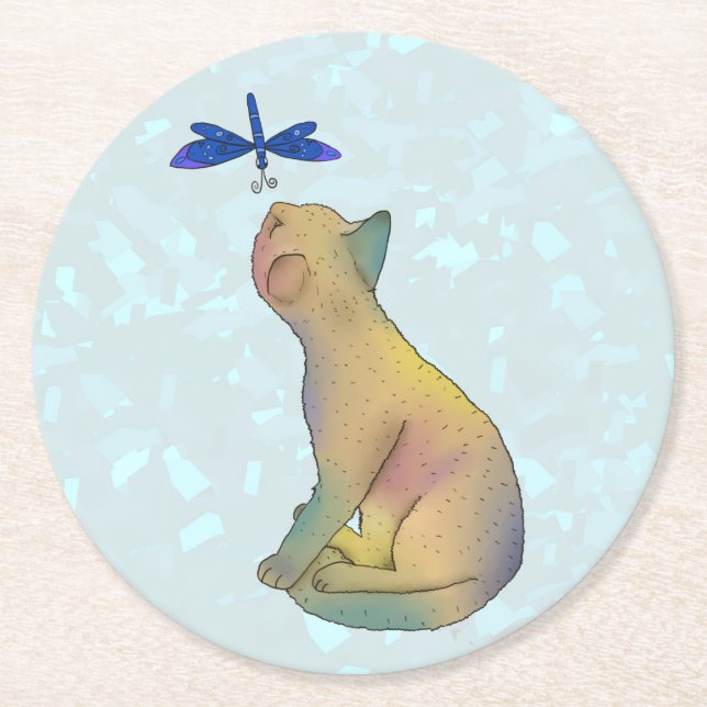 Katze und blaue Libelle Round Paper Coaster (Front)