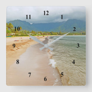 KAUAI BEACH AND MOUNTAINS WITH CLOUDS SQUARE WALL CLOCK