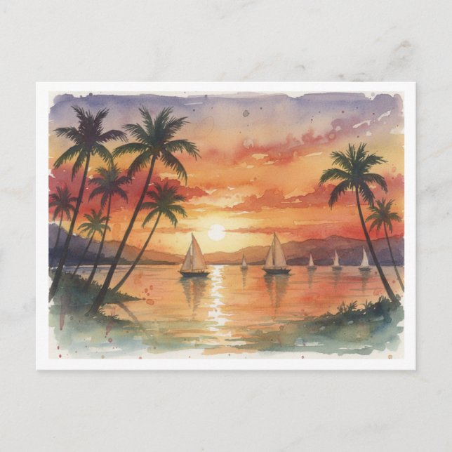 Kauai Beach Sunset watercolor Postcard (Front)