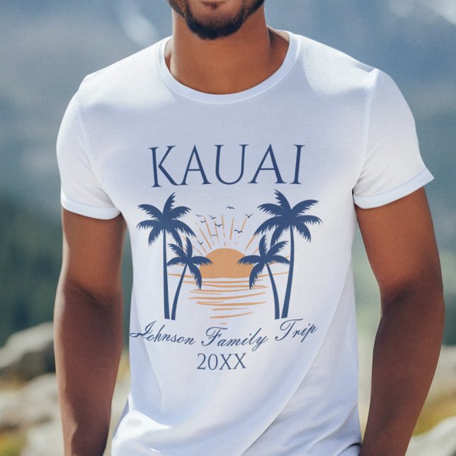 Kauai Hawaii Family Vacation Trip T-Shirt (Man wearing a Kauai family trip t-shirt with a sunset and palm tree design.)