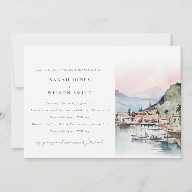 Kauai Hawaii Watercolor Landscape Rehearsal Dinner Invitation (Front)