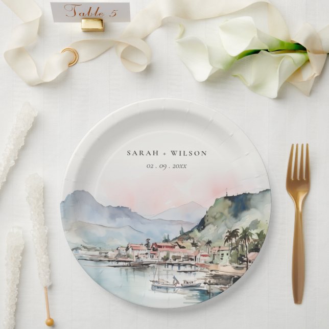 Kauai Hawaii Watercolor Landscape Wedding Paper Plate (Wedding)