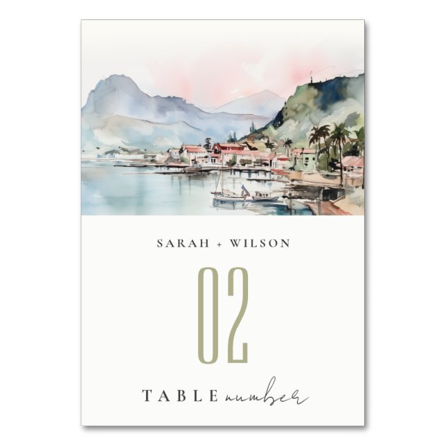 Kauai Hawaii Watercolor Landscape Wedding Table Number (Front)