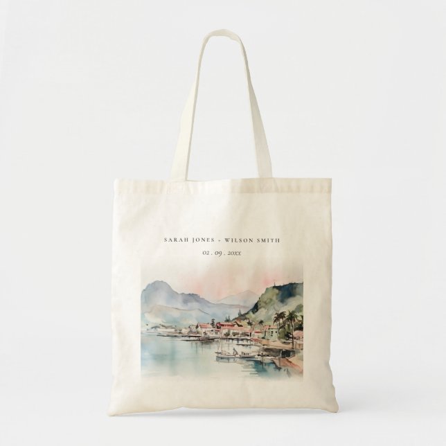 Kauai Hawaii Watercolor Landscape Wedding Tote Bag (Front)