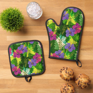 Kauai Jungle Hawaiian Hibiscus and Palms Brights Oven Mitt & Pot Holder Set