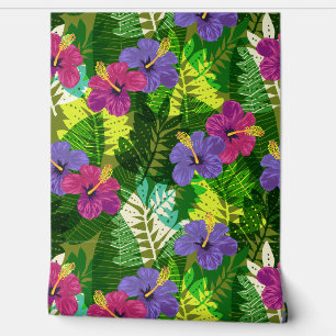 Kauai Jungle Hawaiian Hibiscus and Palms -Brights Wallpaper