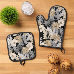 Kauai Jungle Hawaiian Hibiscus and Palms Neutral Oven Mitt & Pot Holder Set