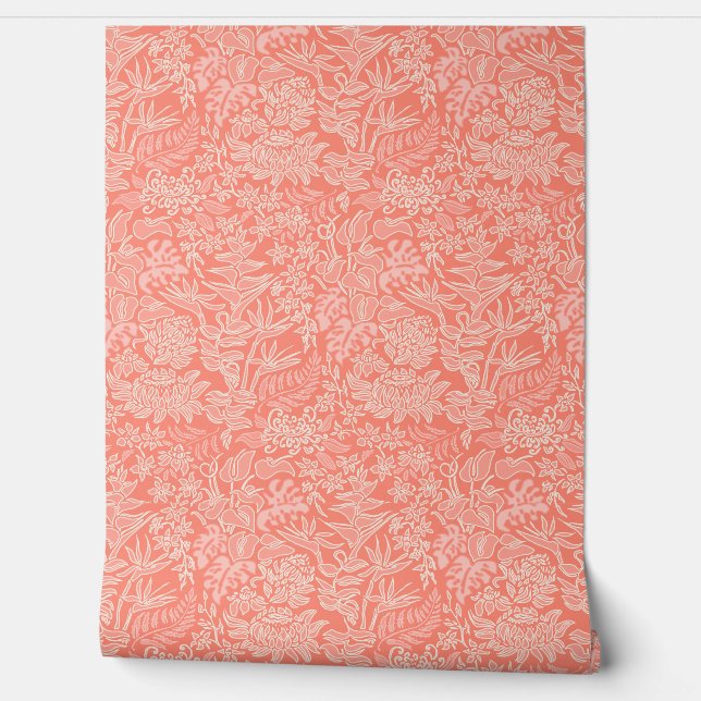 Kauai Morning Hawaiian Protea Floral - Coral Wallpaper (Unrolling)