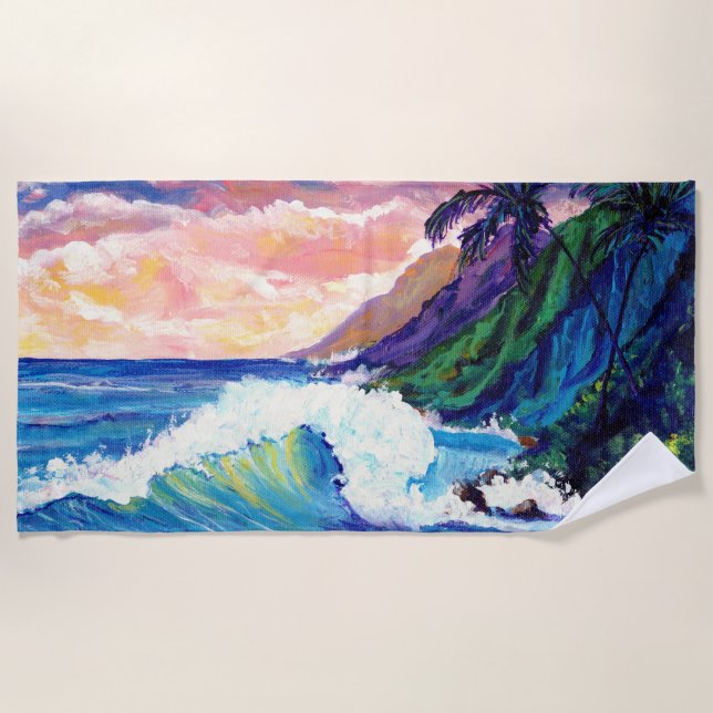 Kauai Na Pali Coast with Ocean Wave Beach Towel (Front)