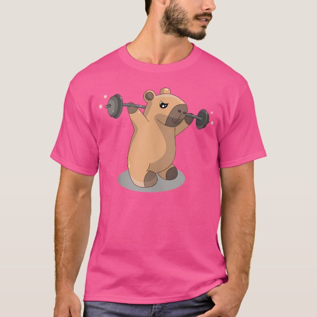 Kawai Capybara Bodybuilder Weightlifter Barbell Gy T-Shirt (Front)