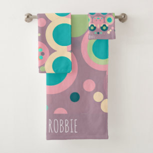 Kawai Circle Pink Navy Isometric Pattern Bath Towel Set