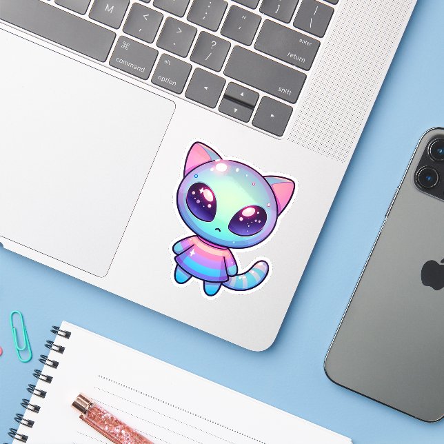 Kawaii Alien Cat with Galactic Eyes and Pastel Out (Laptop w/ iPhone)