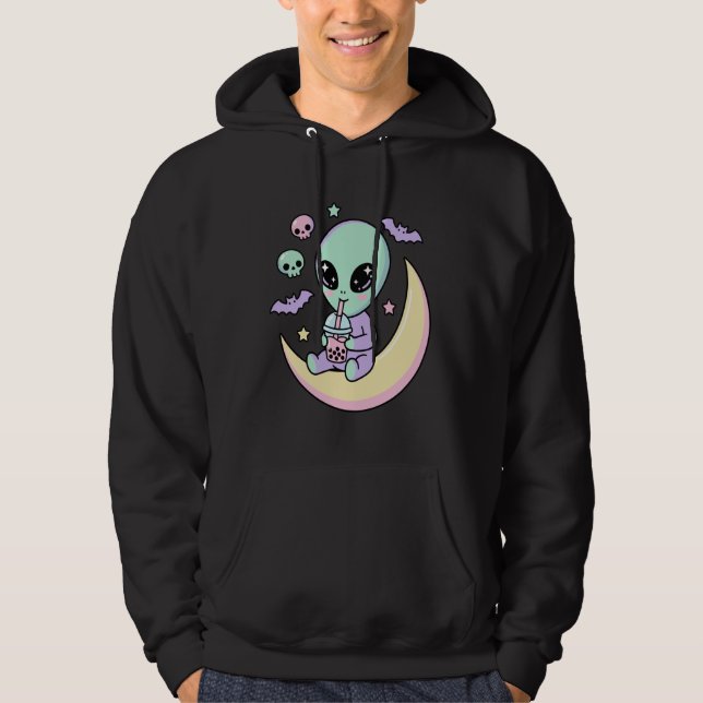 Kawaii Alien Drinking Bubble Tea Pastel Goth Moon  Hoodie (Front)