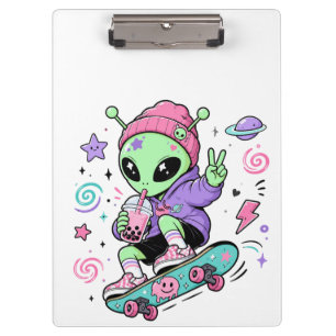 Kawaii Alien Skater Bubble Tea Design Clipboard