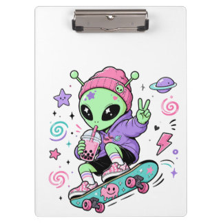 Kawaii Alien Skater Bubble Tea Design Clipboard