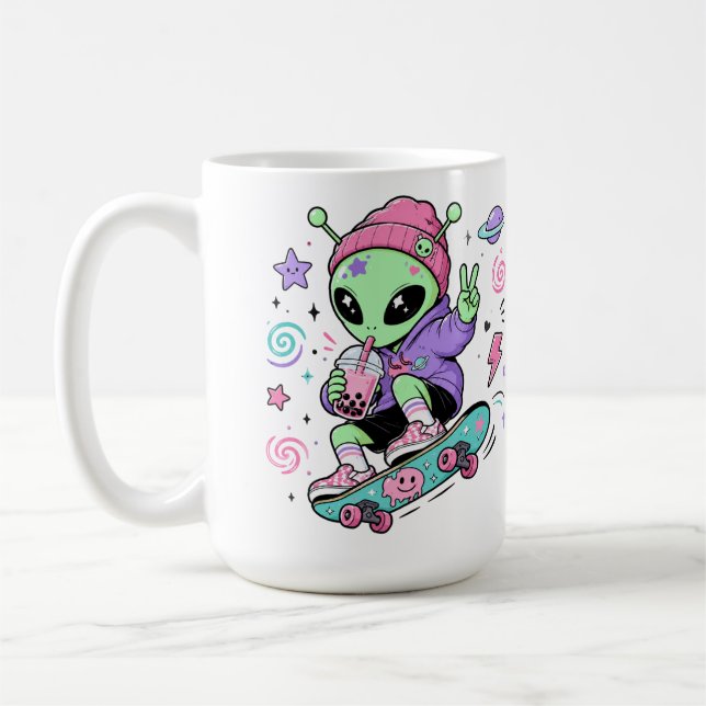 Kawaii Alien Skater Bubble Tea Design Coffee Mug (Left)