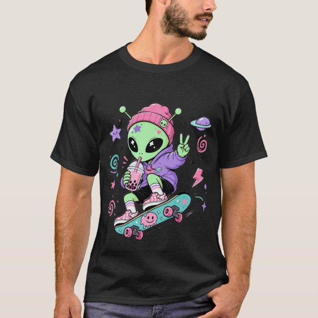 Kawaii Alien Skater Bubble Tea Design T-Shirt (Front)