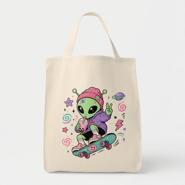 Kawaii Alien Skater Bubble Tea Design Tote Bag (Front)
