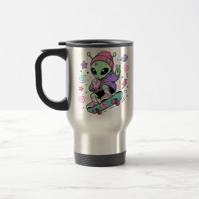 Kawaii Alien Skater Bubble Tea Design Travel Mug (Left)