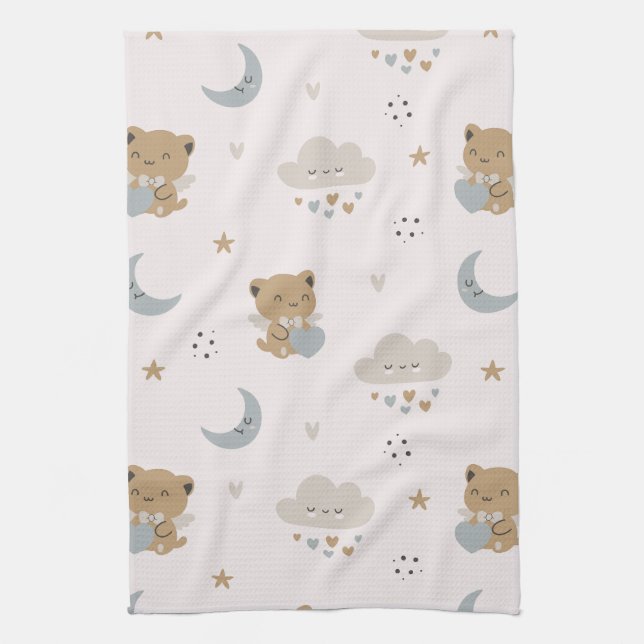 Kawaii Angel Cats & Clouds (2) Tea Towel (Vertical)