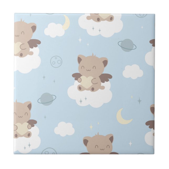 Kawaii Angel Cats on Clouds Pattern Tile (Front)