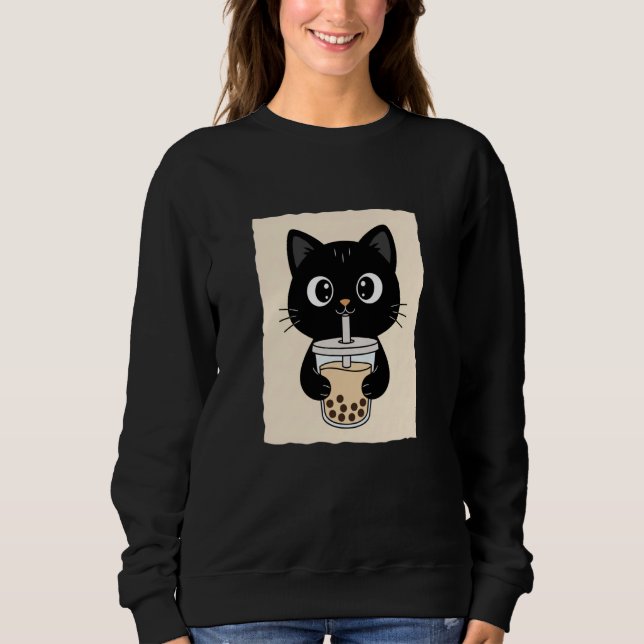 Kawaii Anime Cat Drinking Bubble Tea Cute Boba Lov Sweatshirt (Front)