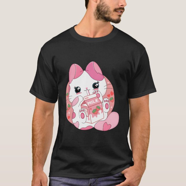 Kawaii Anime Cat Drinking Strawberry Milk Japanese T-Shirt (Front)