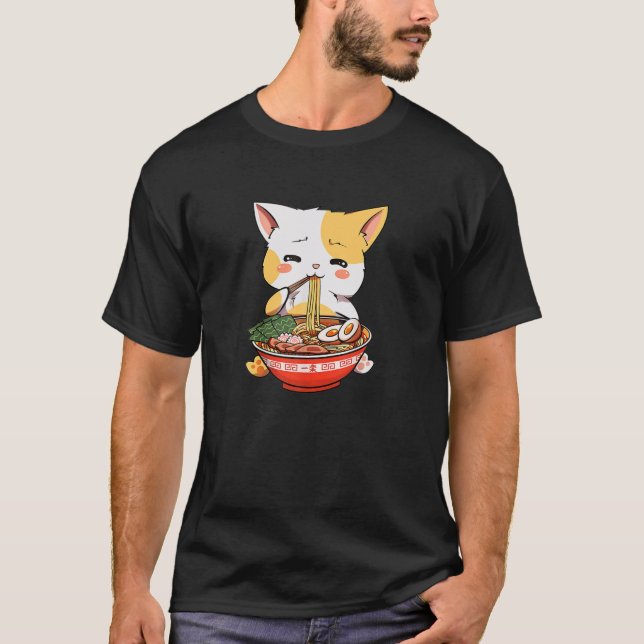 Kawaii Anime Cat Eating Ramen Japanese Noodles Cat T-Shirt (Front)