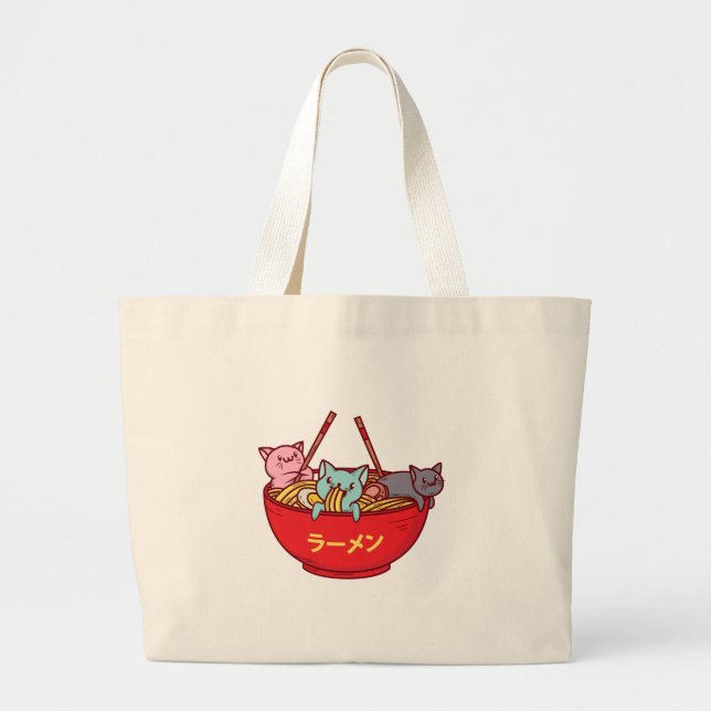 Kawaii Anime Cat Funny Adorable Japanese Ramen Large Tote Bag (Front)