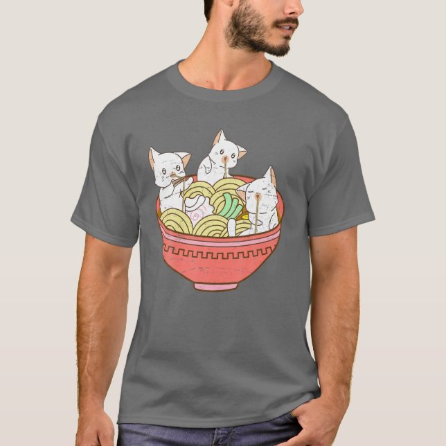 Kawaii Anime Cat Japanese Ramen Noodles - Kitten V T-Shirt (Front)