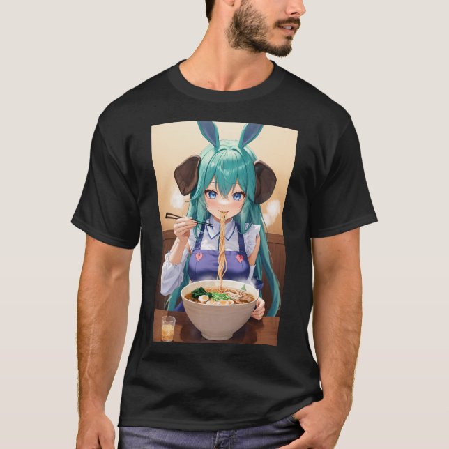 Kawaii Anime Elephant Girl eating Ramen T-Shirt (Front)