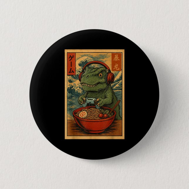 Kawaii Anime Gamer T-rex Ramen Retro Japanese Gami 6 Cm Round Badge (Front)